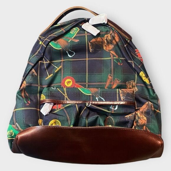Polo Ralph Lauren Equestrian Backpack Plaid Leather Logo Icons Canvas Backpack - Picture 2 of 10